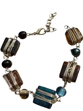 Multicolor Glass Square Bead Bracelet with Silver Wire Accents